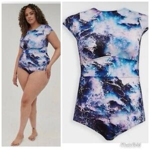 Torrid Galaxy Print Purple and Blue Cap Sleeve Swimsuit